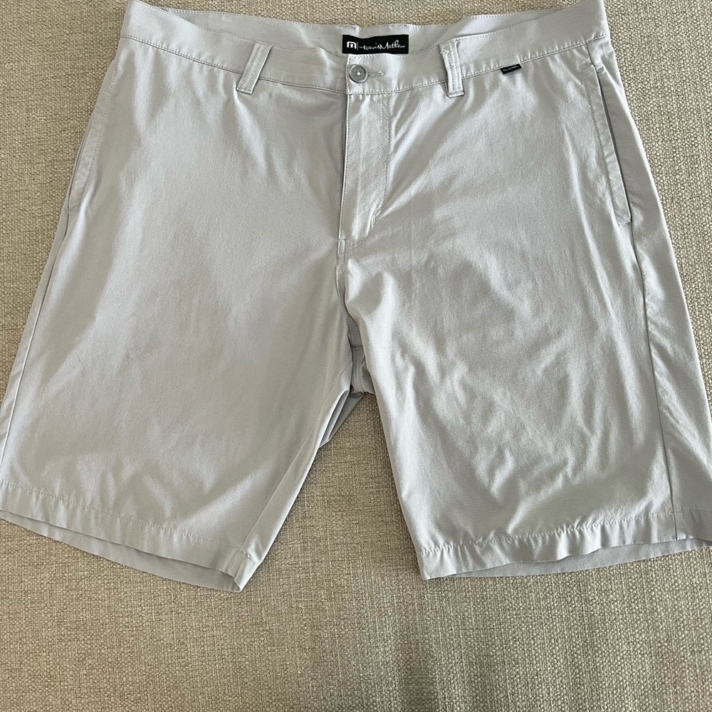 Travis Mathew Light Gray Flat Front Shorts, 38” waist